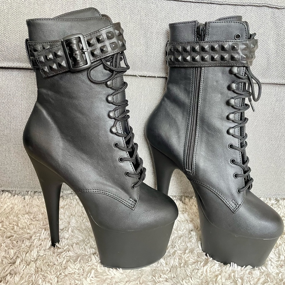 Pleaser Black Studded Lace-Up Heeled Boots